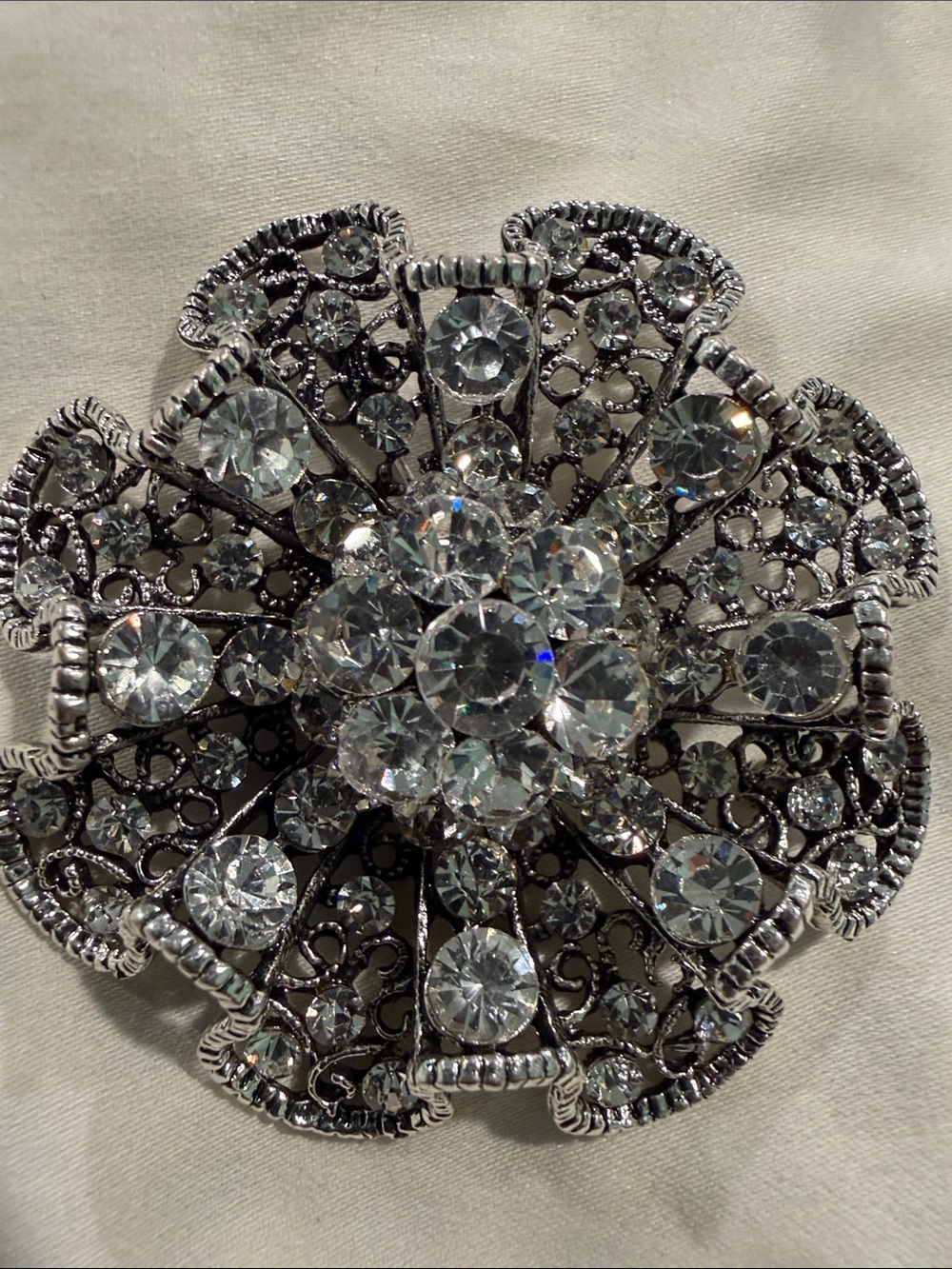 Vintage-Inspired Ruffle Dome Rhinestone Silver Tone Brooch